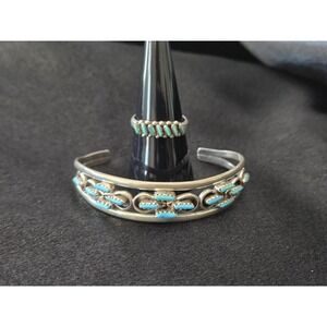 Vintage Zuni Native American Sterling Needlepoint Turquoise Cuff Bracelet Ring